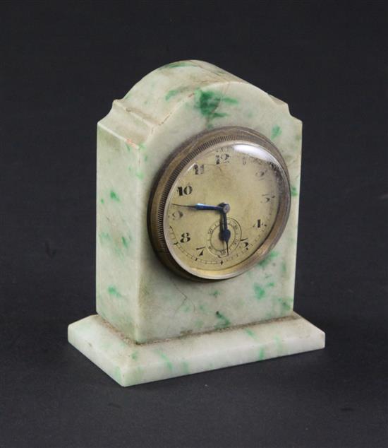 An early 20th century jadeite bedside timepiece, 2.75in., in original case signed Callow of Mayfair